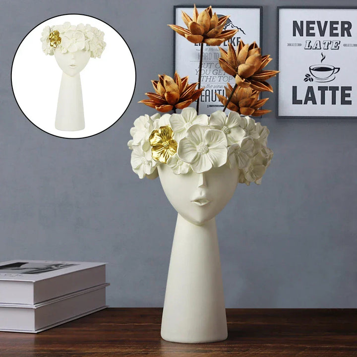 Nordisk Pige Hoved Blomst Harpiks Vase Statue Blomster Vaser til Kontor Desktop Tørrede Blomster Ornamenter Dekorationsbeholder