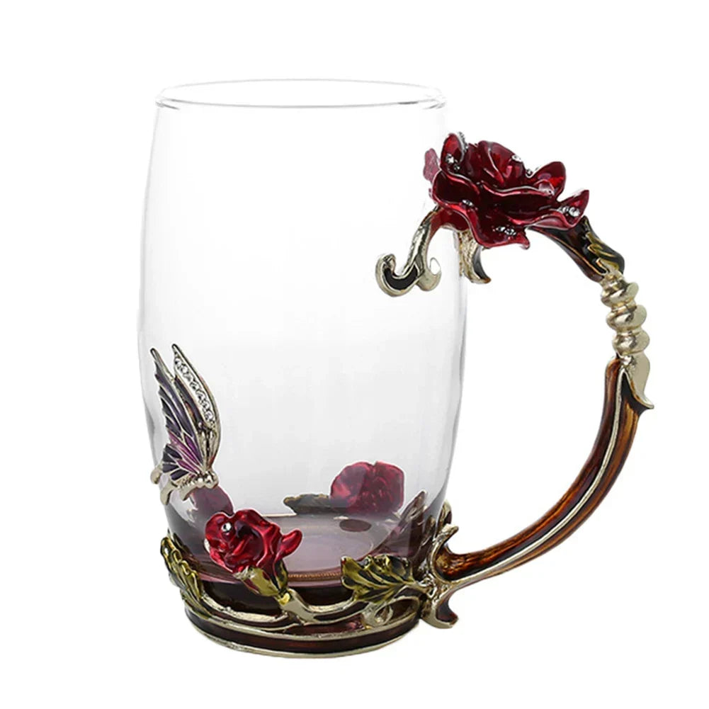 Håndlavede Emalje Kaffe Kopper Rose-Glas Te Kop med Stål Ske Luksus Unikke Gaver til Bryllup, Valentinsdag, Fødselsdagsgaver