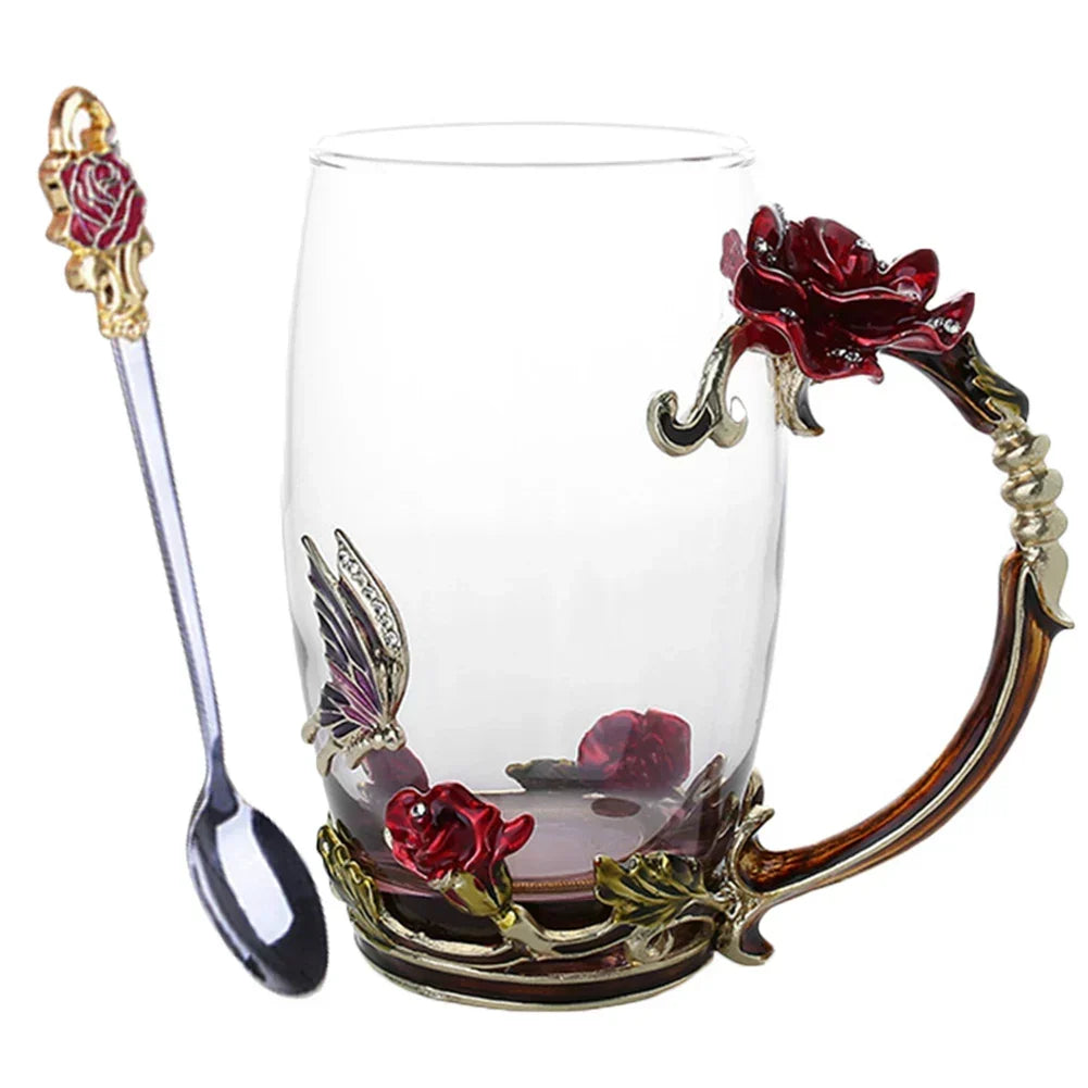 Håndlavede Emalje Kaffe Kopper Rose-Glas Te Kop med Stål Ske Luksus Unikke Gaver til Bryllup, Valentinsdag, Fødselsdagsgaver