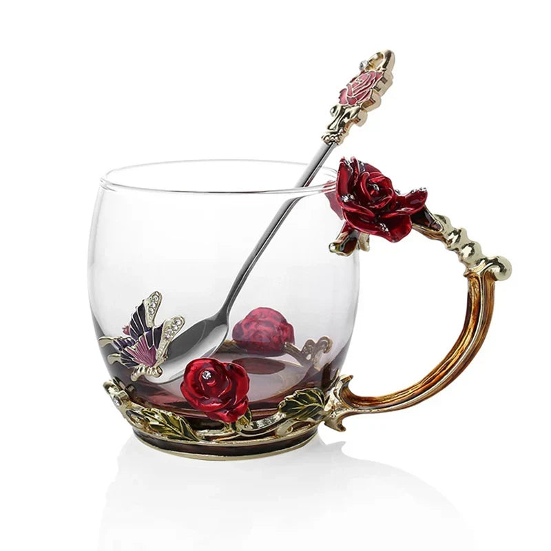 Håndlavede Emalje Kaffe Kopper Rose-Glas Te Kop med Stål Ske Luksus Unikke Gaver til Bryllup, Valentinsdag, Fødselsdagsgaver