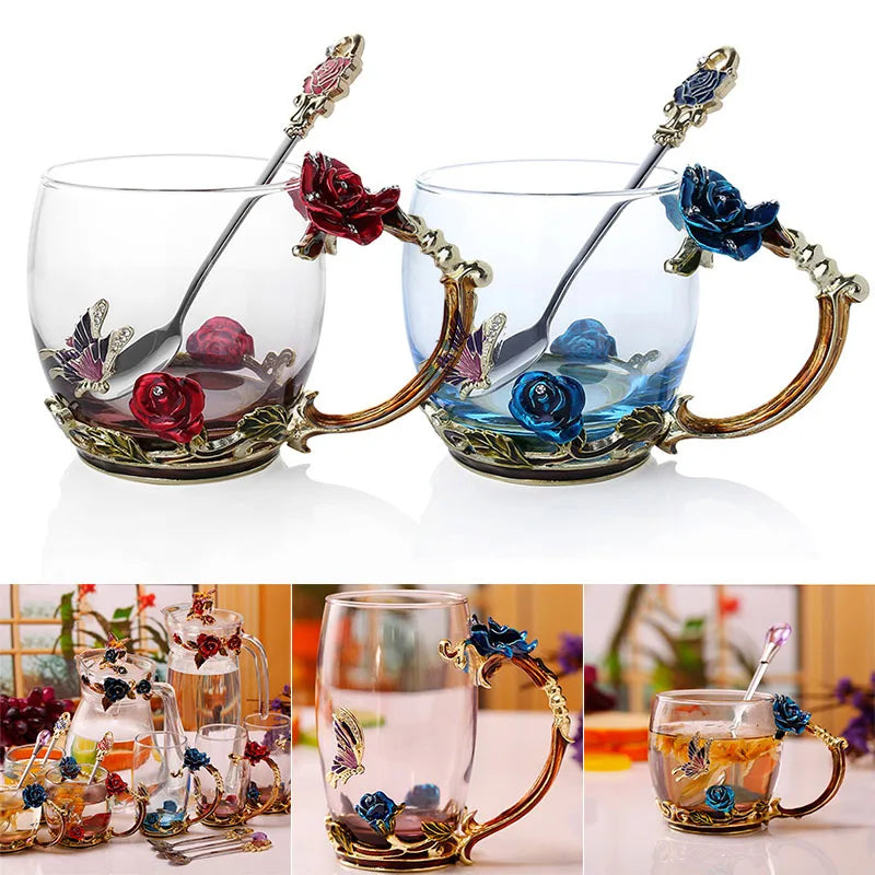 Håndlavede Emalje Kaffe Kopper Rose-Glas Te Kop med Stål Ske Luksus Unikke Gaver til Bryllup, Valentinsdag, Fødselsdagsgaver