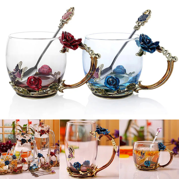 Håndlavede Emalje Kaffe Kopper Rose-Glas Te Kop med Stål Ske Luksus Unikke Gaver til Bryllup, Valentinsdag, Fødselsdagsgaver