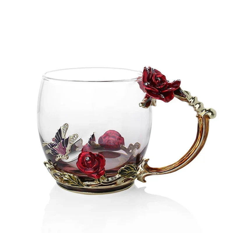 Håndlavede Emalje Kaffe Kopper Rose-Glas Te Kop med Stål Ske Luksus Unikke Gaver til Bryllup, Valentinsdag, Fødselsdagsgaver