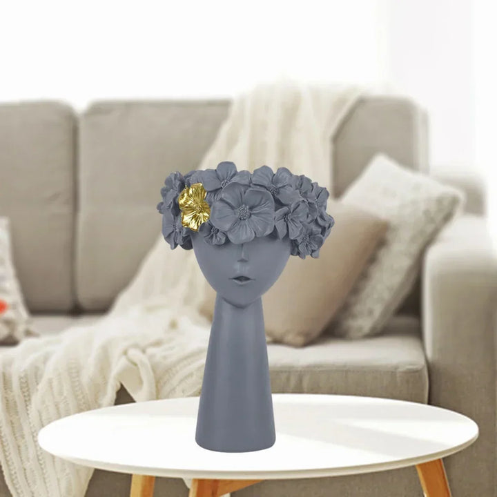 Nordisk Pige Hoved Blomst Harpiks Vase Statue Blomster Vaser til Kontor Desktop Tørrede Blomster Ornamenter Dekorationsbeholder