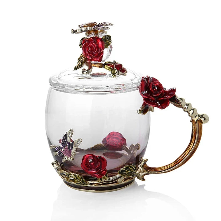 Håndlavede Emalje Kaffe Kopper Rose-Glas Te Kop med Stål Ske Luksus Unikke Gaver til Bryllup, Valentinsdag, Fødselsdagsgaver