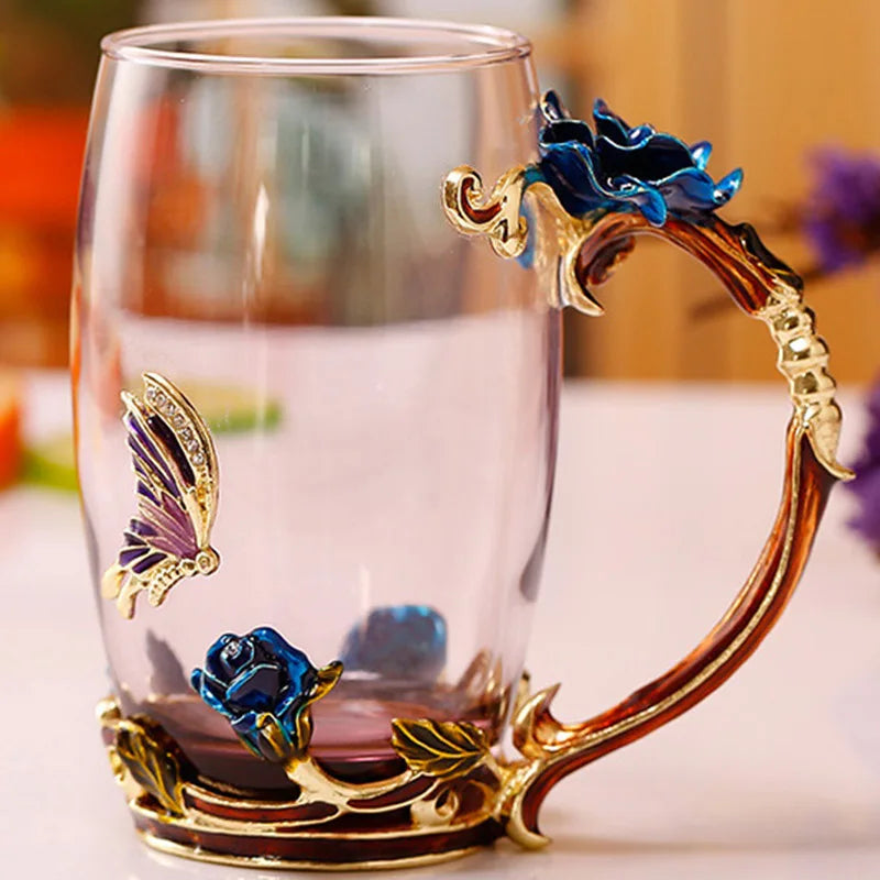 Håndlavede Emalje Kaffe Kopper Rose-Glas Te Kop med Stål Ske Luksus Unikke Gaver til Bryllup, Valentinsdag, Fødselsdagsgaver