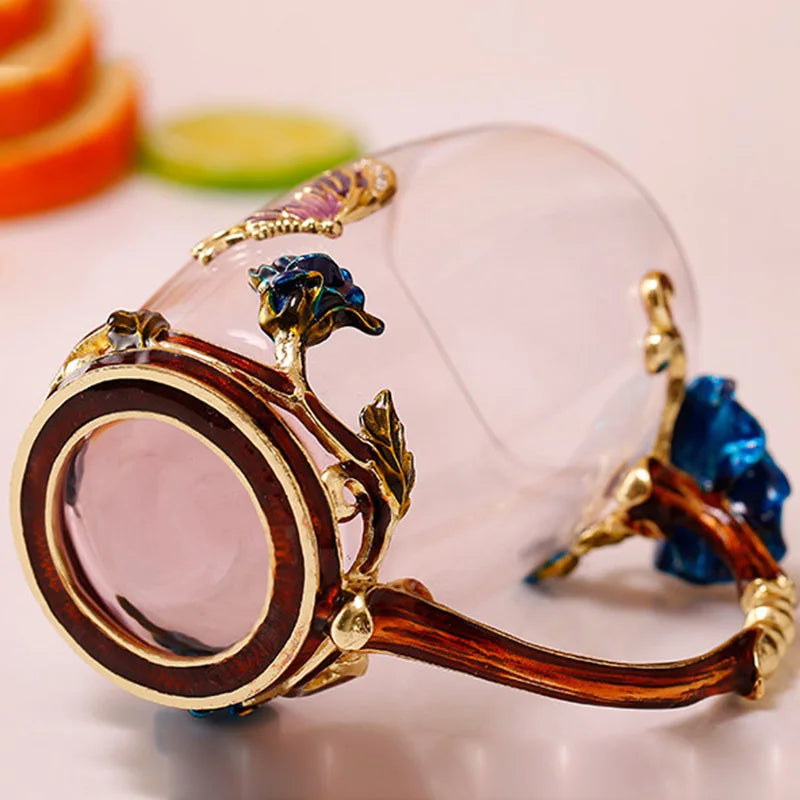Håndlavede Emalje Kaffe Kopper Rose-Glas Te Kop med Stål Ske Luksus Unikke Gaver til Bryllup, Valentinsdag, Fødselsdagsgaver