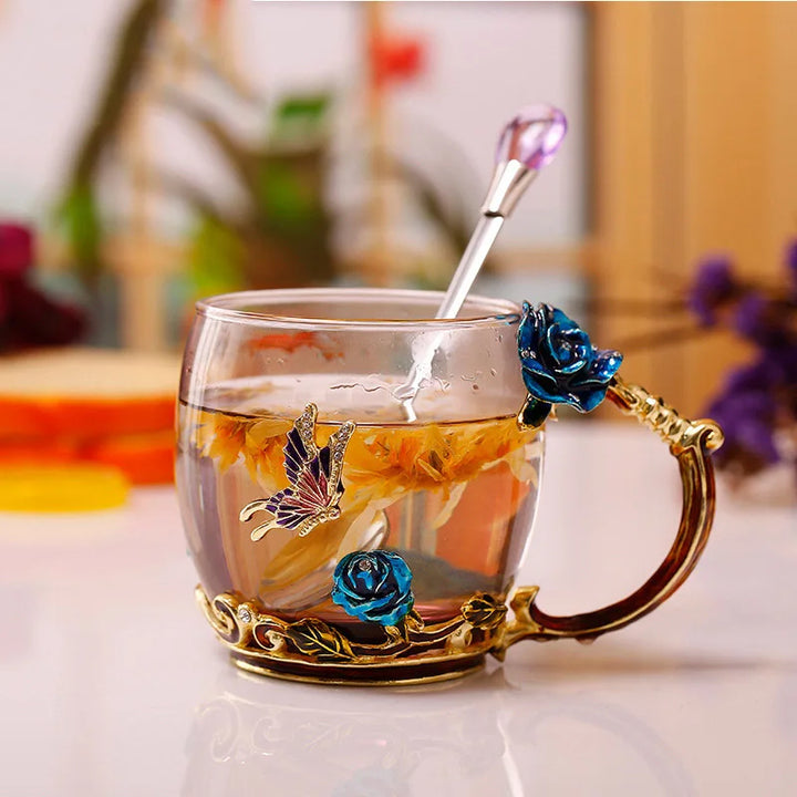 Håndlavede Emalje Kaffe Kopper Rose-Glas Te Kop med Stål Ske Luksus Unikke Gaver til Bryllup, Valentinsdag, Fødselsdagsgaver