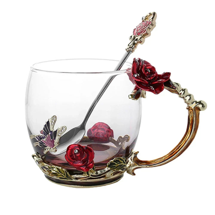 Håndlavede Emalje Kaffe Kopper Rose-Glas Te Kop med Stål Ske Luksus Unikke Gaver til Bryllup, Valentinsdag, Fødselsdagsgaver