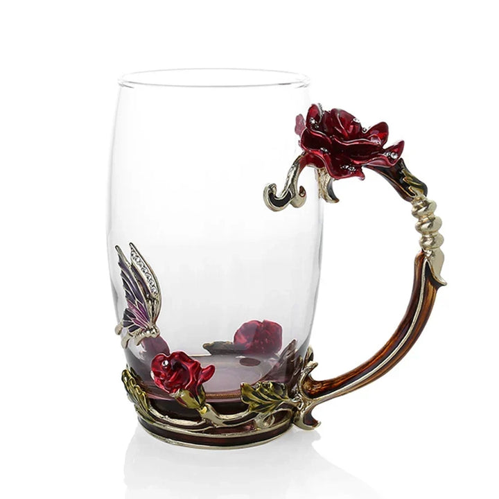 Håndlavede Emalje Kaffe Kopper Rose-Glas Te Kop med Stål Ske Luksus Unikke Gaver til Bryllup, Valentinsdag, Fødselsdagsgaver