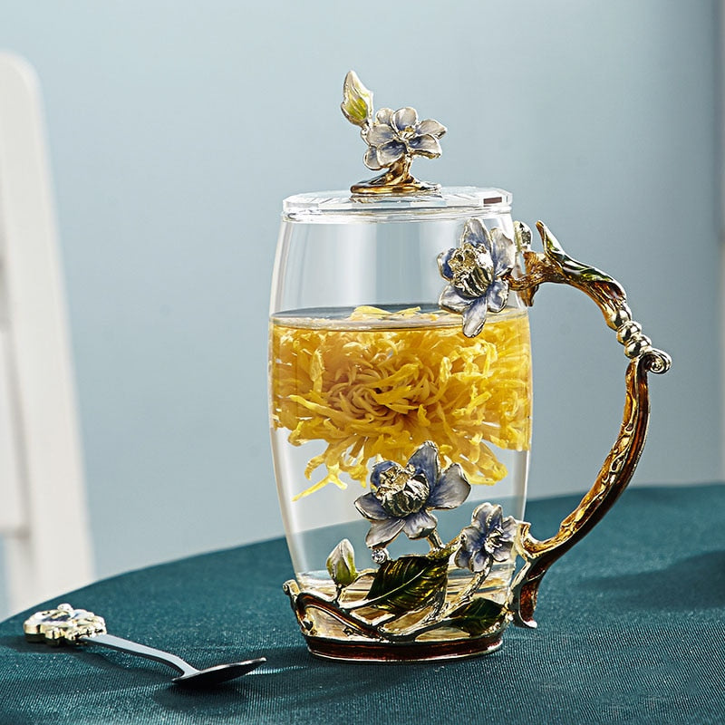 Håndlavet emalje blomster glas krus til par kærlighedsgave, kan servere kaffe, smagsfuld te eller endda citronsaft i