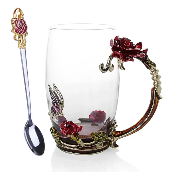 Håndlavede Emalje Kaffe Kopper Rose-Glas Te Kop med Stål Ske Luksus Unikke Gaver til Bryllup, Valentinsdag, Fødselsdagsgaver
