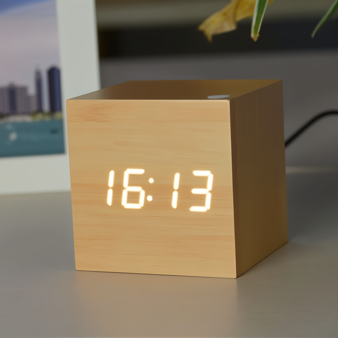 Digital LED Ur - Terning Ur - Træ Ur