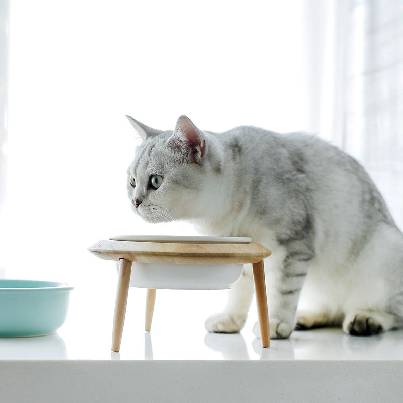 Misha Keramisk Hævet Katte Skål med Træstativ