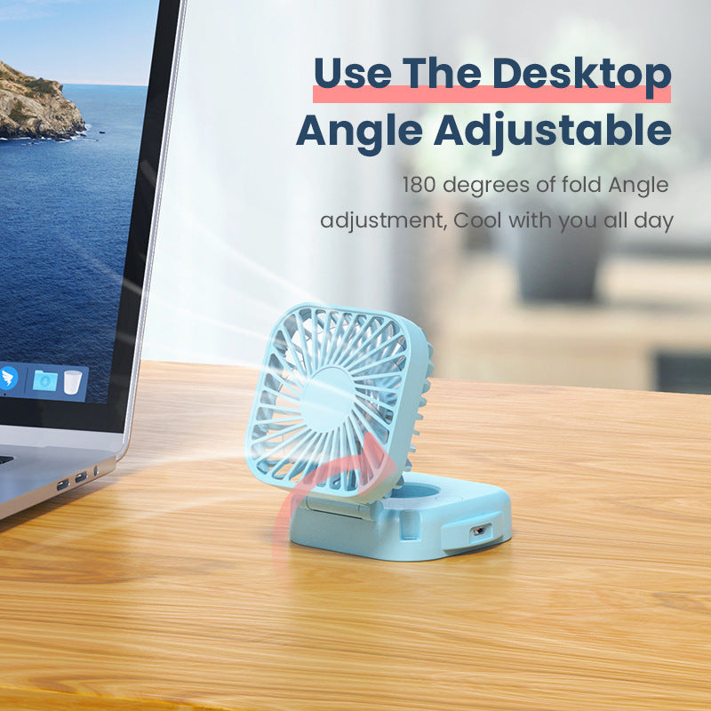 Kølebar, genopladelig, foldbar mini ventilator med spejl og justerbar svivelstand