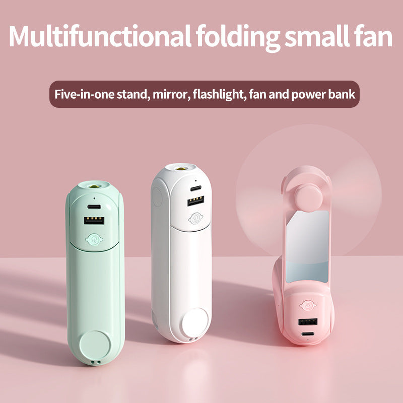 Unisex nan foldbar håndholdt ventilator med indbygget USB power bank og kompakt spejl