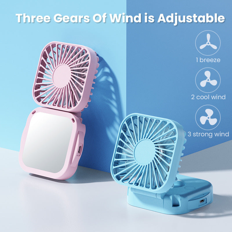 Kølebar, genopladelig, foldbar mini ventilator med spejl og justerbar svivelstand