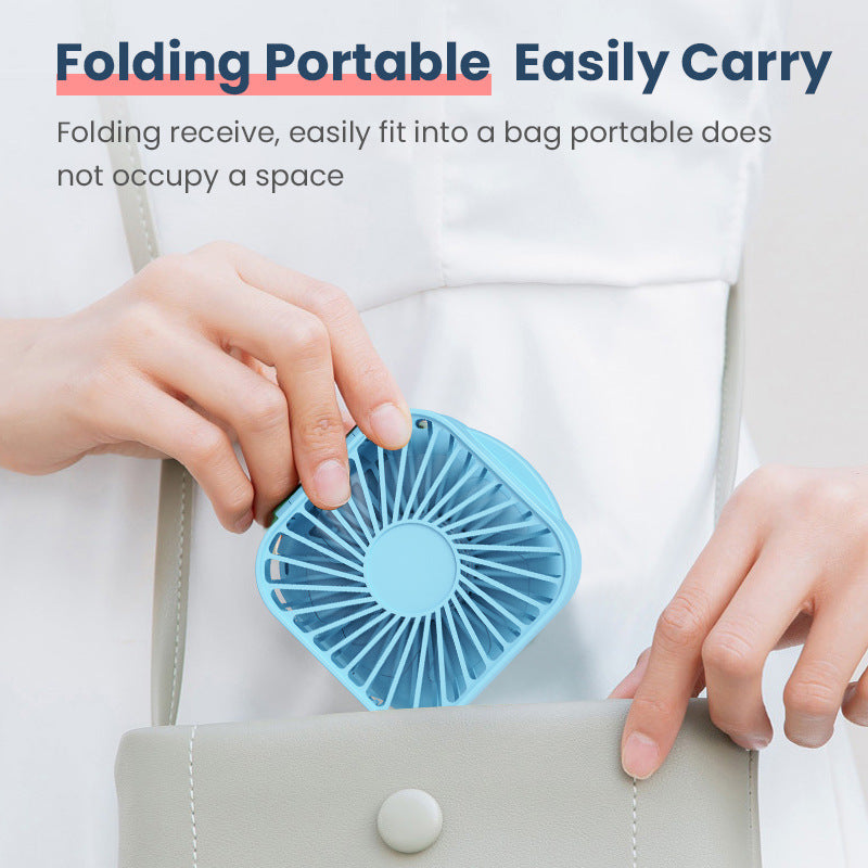 Kølebar, genopladelig, foldbar mini ventilator med spejl og justerbar svivelstand
