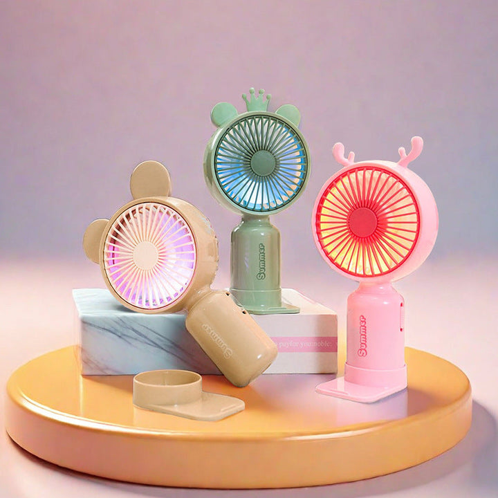Bærbar USB mini ventilator til damer med LED natlys, foldestativ og sødt design