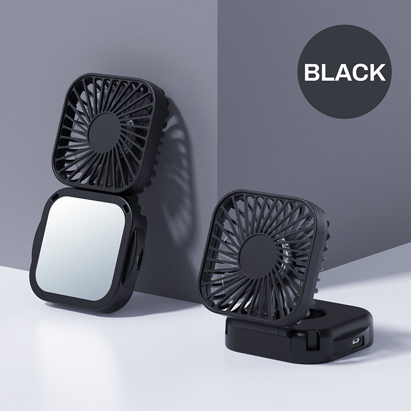 Kølebar, genopladelig, foldbar mini ventilator med spejl og justerbar svivelstand