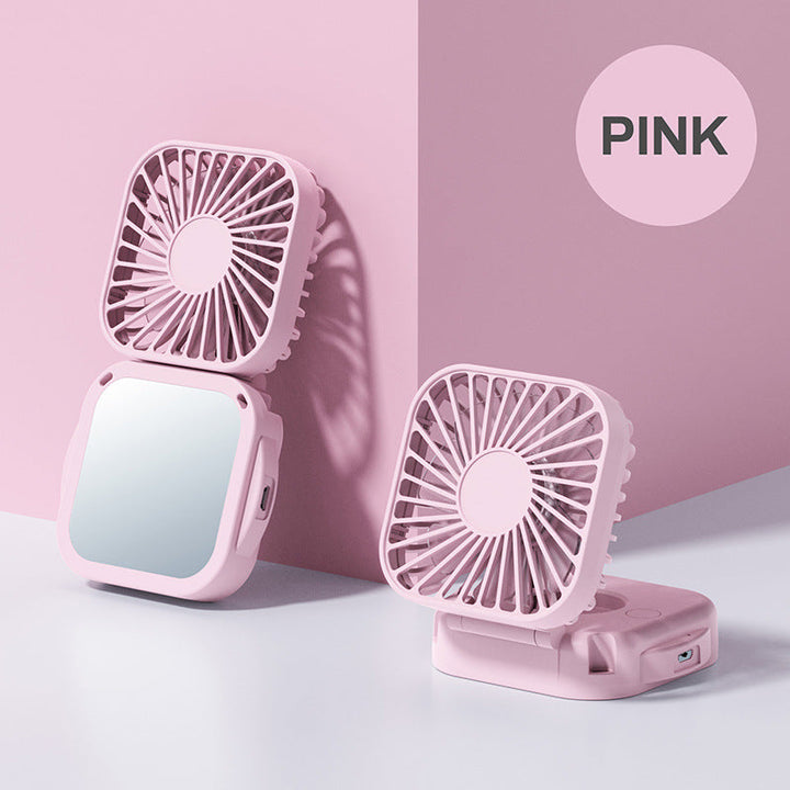 Kølebar, genopladelig, foldbar mini ventilator med spejl og justerbar svivelstand