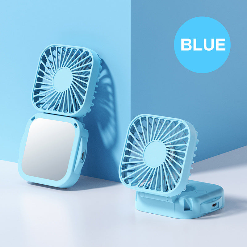 Kølebar, genopladelig, foldbar mini ventilator med spejl og justerbar svivelstand