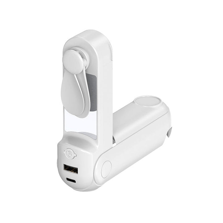 Unisex nan foldbar håndholdt ventilator med indbygget USB power bank og kompakt spejl