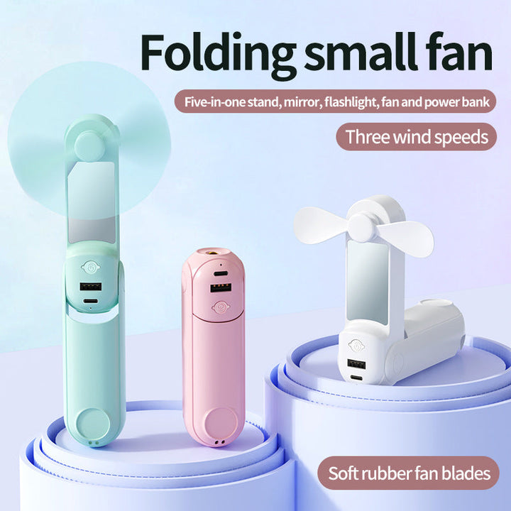 Unisex nan foldbar håndholdt ventilator med indbygget USB power bank og kompakt spejl