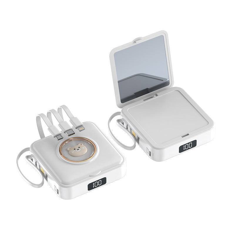 Kompakt powerbank med integreret spejl og multifunktionel ladekabel