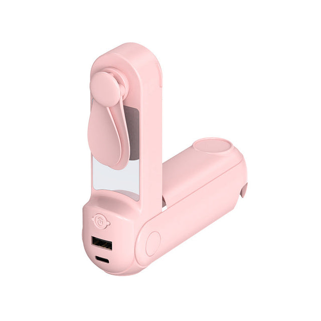Unisex nan foldbar håndholdt ventilator med indbygget USB power bank og kompakt spejl