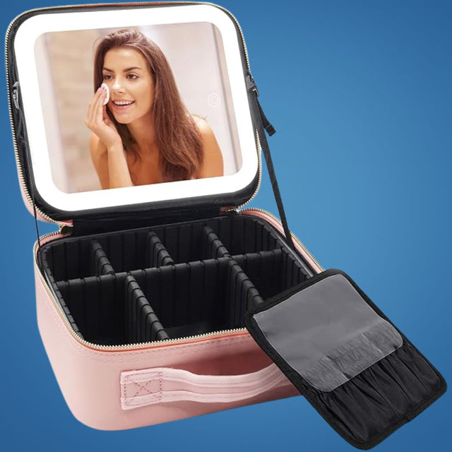 GlamOrganize | Makeup & Toiletry Bag - Kosmetisk Organizer - LED Spejl - Kompakt Opbevaring til Makeup og Hudpleje - Rejsevenlig