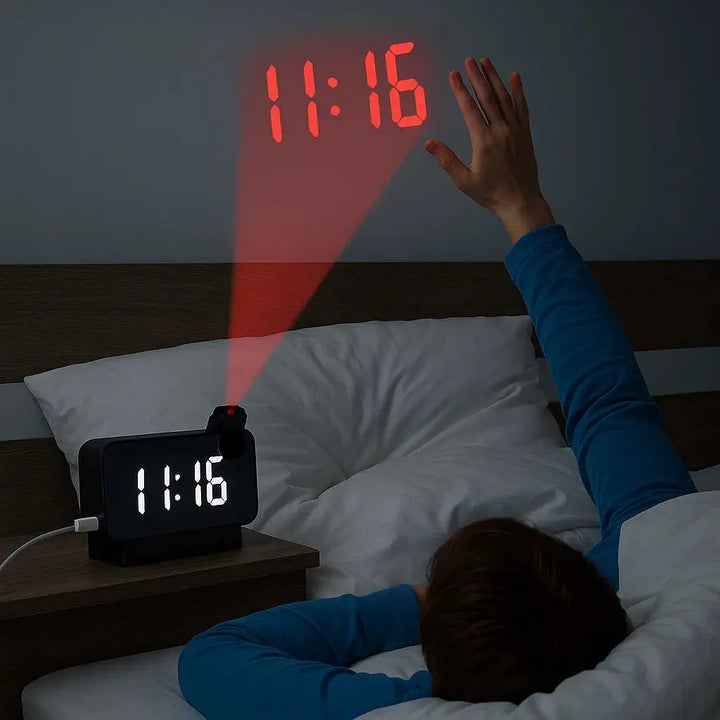 Projektionsvækkeur med spejlskærm og stort LED-display