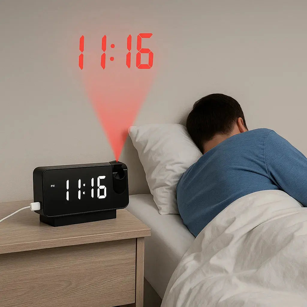 Projektionsvækkeur med spejlskærm og stort LED-display