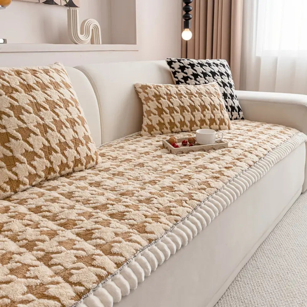 Farverig Plush Houndstooth Sofa Dække og Pude Dække