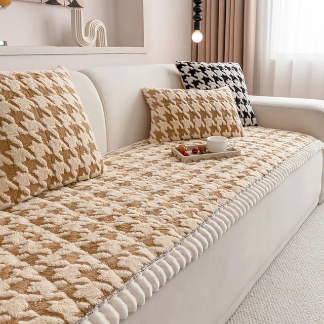 Farverig Plush Houndstooth Sofa Dække og Pude Dække