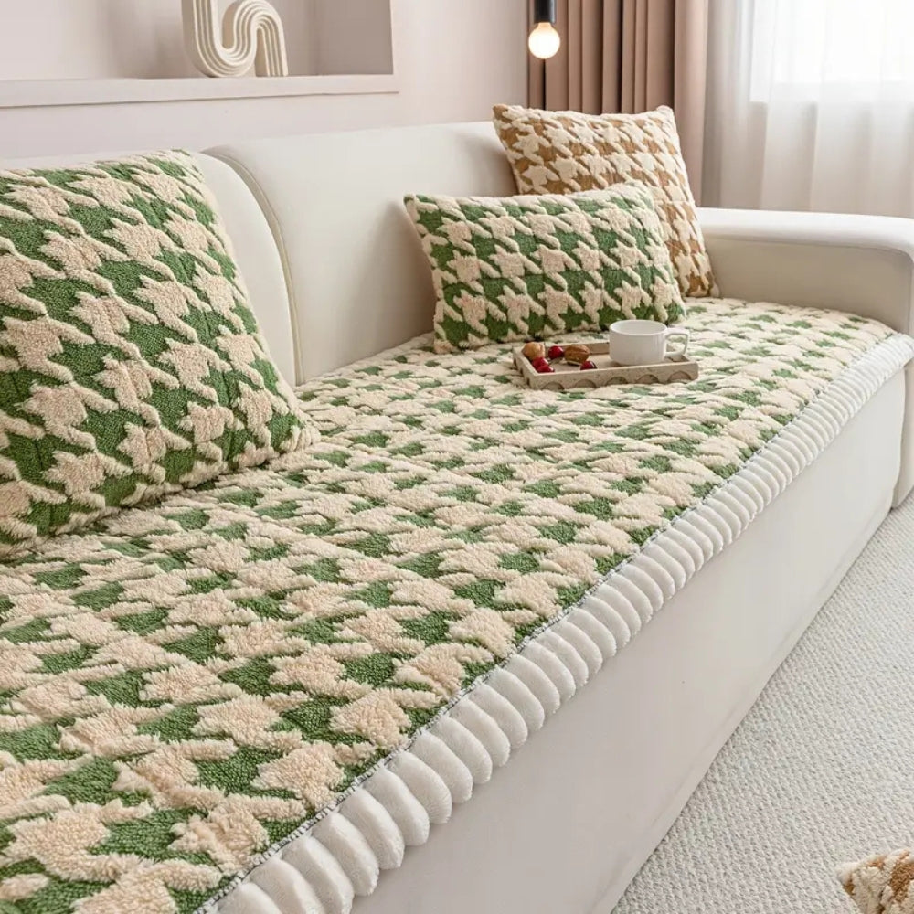 Farverig Plush Houndstooth Sofa Dække og Pude Dække