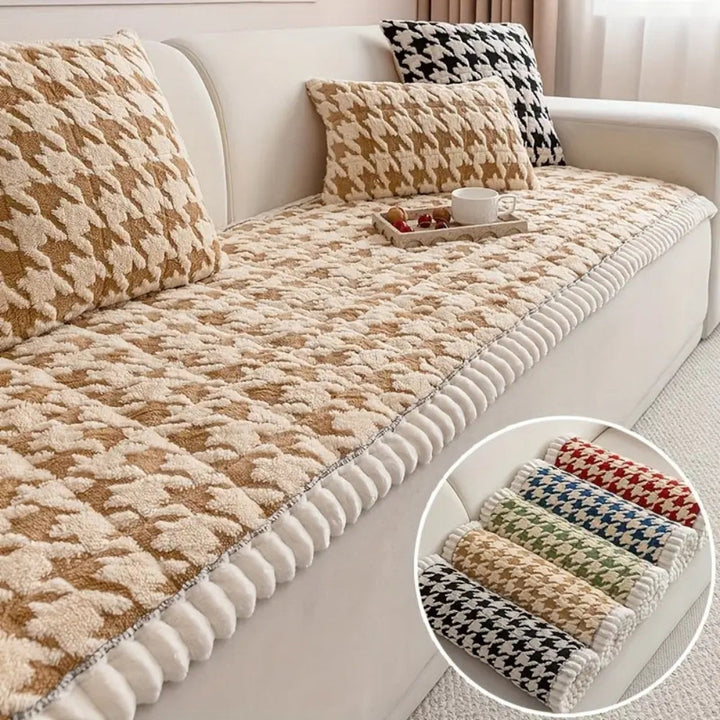 Farverig Plush Houndstooth Sofa Dække og Pude Dække