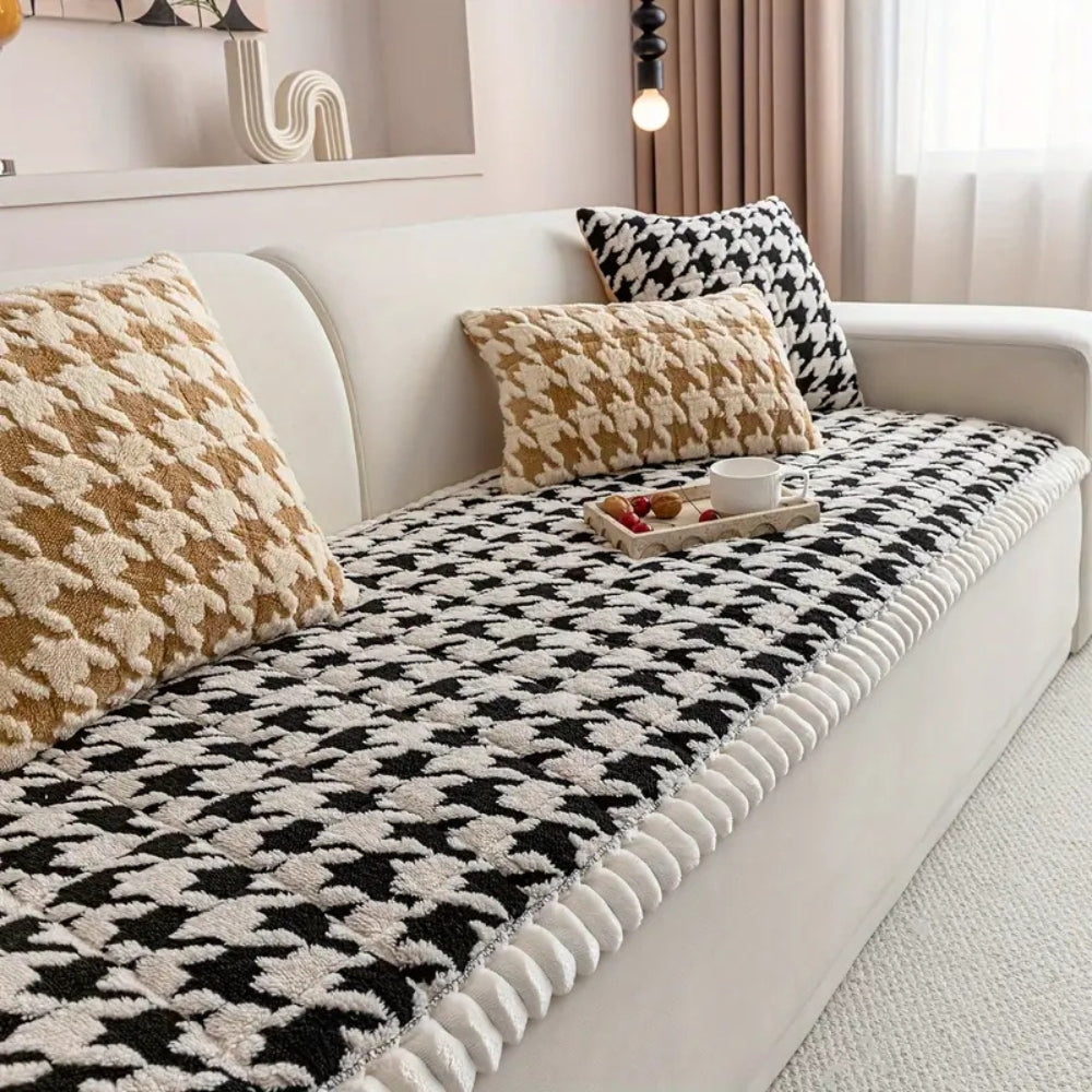 Farverig Plush Houndstooth Sofa Dække og Pude Dække