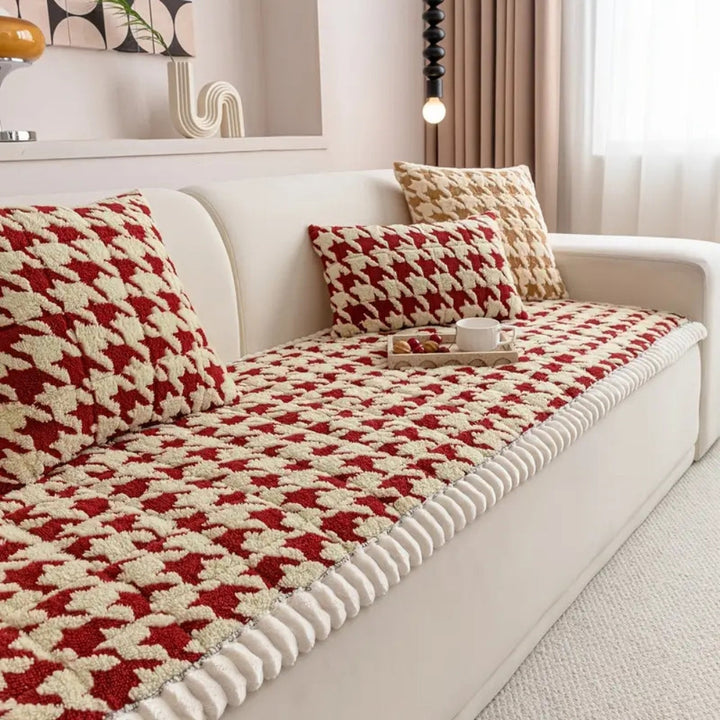 Farverig Plush Houndstooth Sofa Dække og Pude Dække