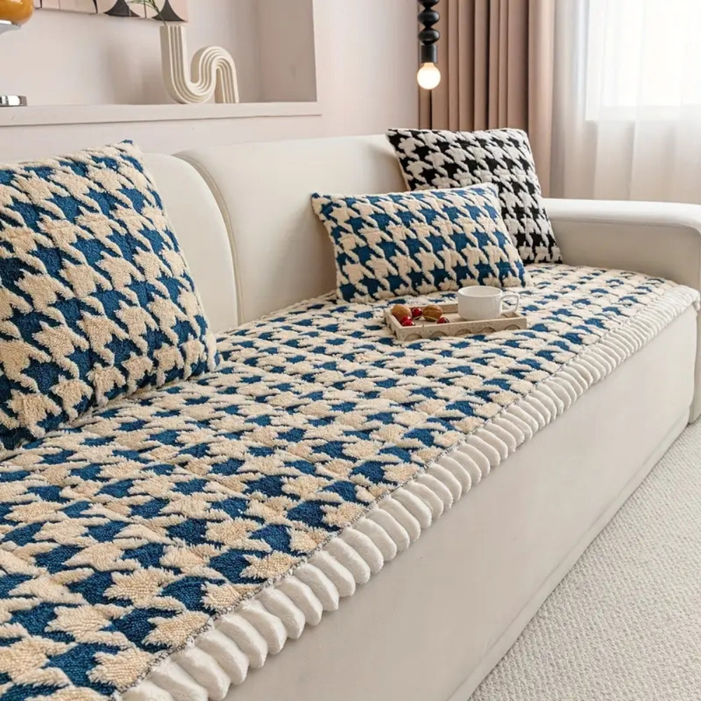 Farverig Plush Houndstooth Sofa Dække og Pude Dække