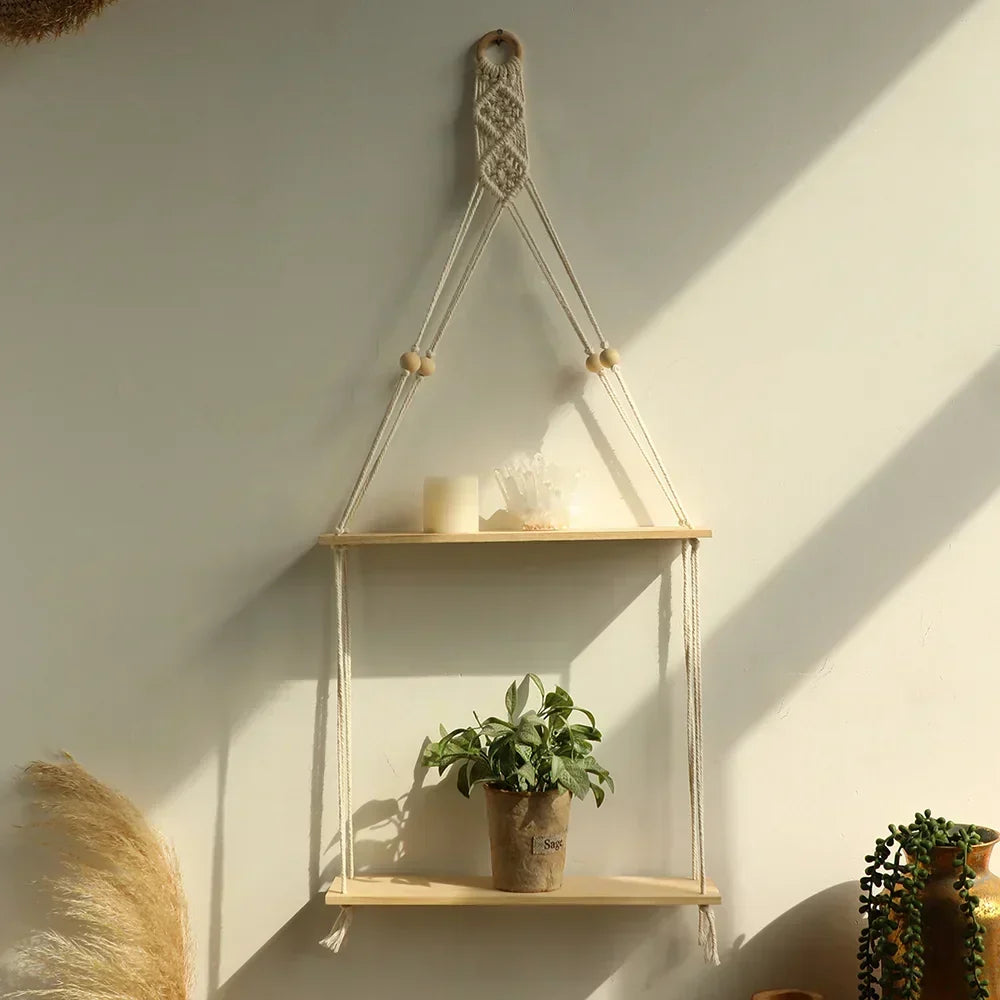 Væg hylde – Træ – Hængende hylder – Boho hjemmeindretning – Rumsdekoration