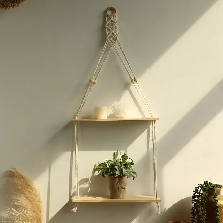 Væg hylde – Træ – Hængende hylder – Boho hjemmeindretning – Rumsdekoration