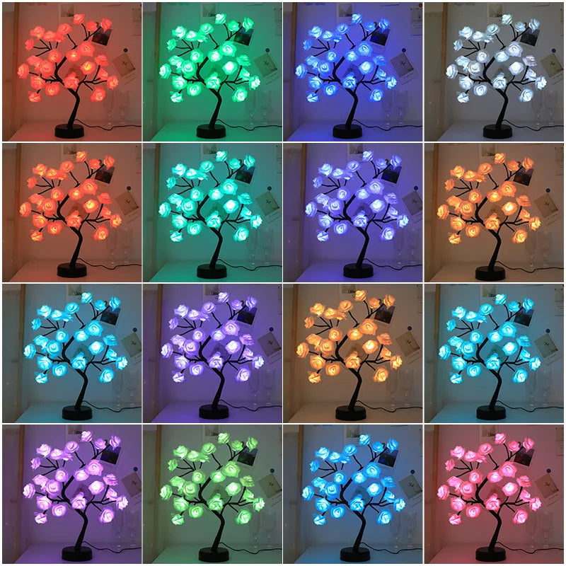 RGB Rose Blomst Træ Lys 24LED USB Batteri Bordlampe Fe Natlys Hjem Fest Jul Bryllup Soveværelse Dekoration Gave