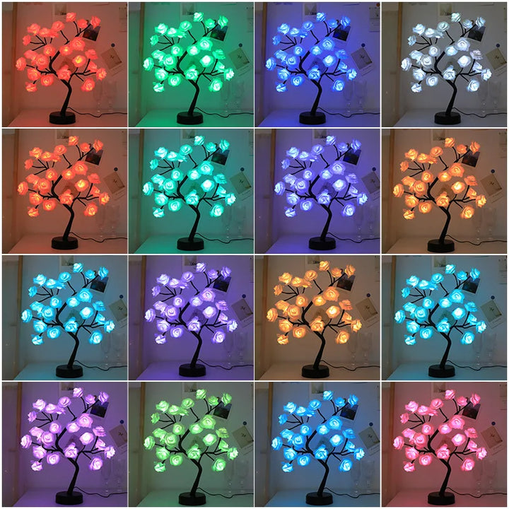 RGB Rose Blomst Træ Lys 24LED USB Batteri Bordlampe Fe Natlys Hjem Fest Jul Bryllup Soveværelse Dekoration Gave