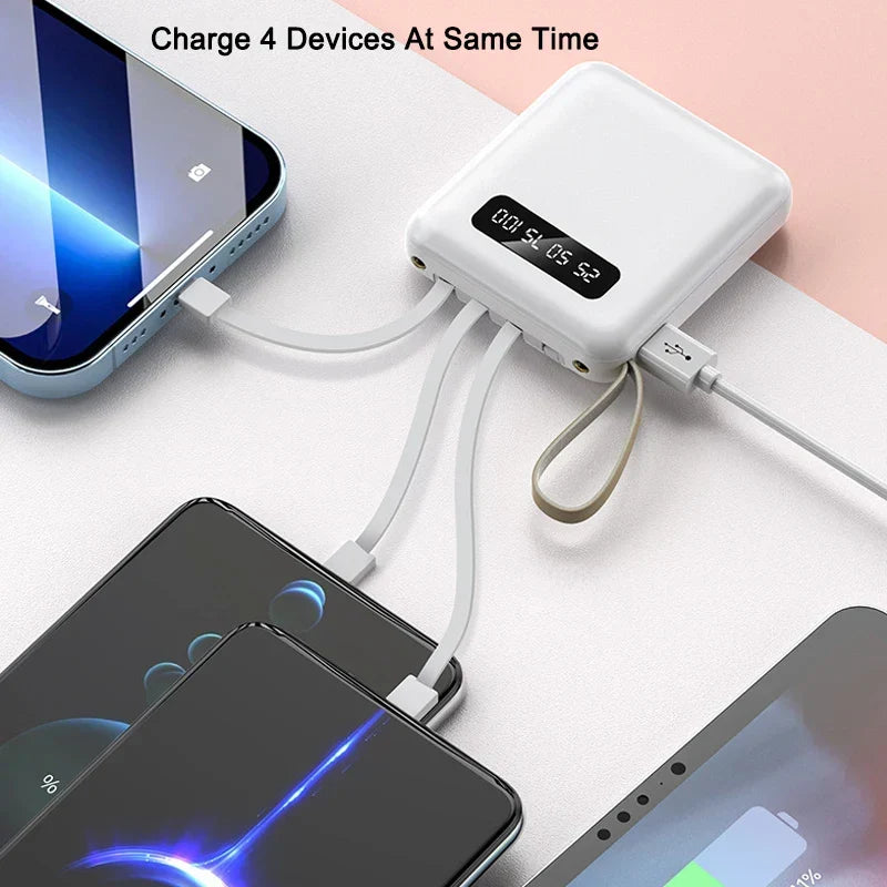 Mini Powerbank med Spejl Display | 20.000 mAh | Hurtigopladningsfunktion &amp; Integrerede Kabler | Til iPhone, Samsung, Xiaomi &amp; mere