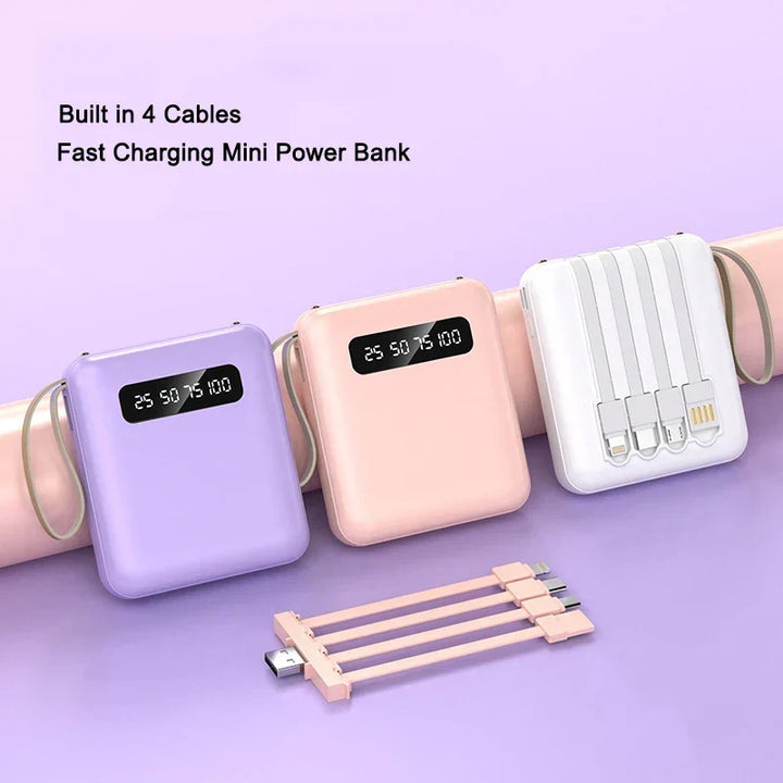 Mini Powerbank med Spejl Display | 20.000 mAh | Hurtigopladningsfunktion &amp; Integrerede Kabler | Til iPhone, Samsung, Xiaomi &amp; mere