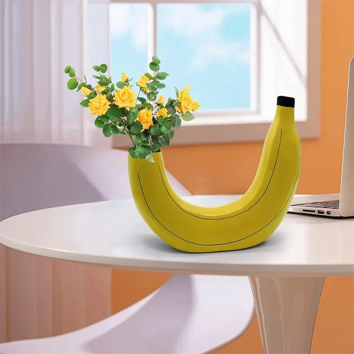 Bananvase, blomster vase lavet af harpiks, sød bananform, dekorativ bordvase til blomsterarrangementer, stue, soveværelse, boligindretning