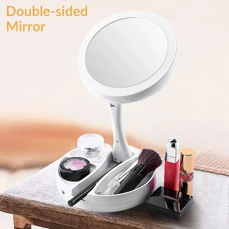 Glamora Rejsemirror LED | Dobbelt-Sidet &amp; 10x Forstørrelse | Sammenklappelig &amp; Bærbar | Med Tilbehørsrum