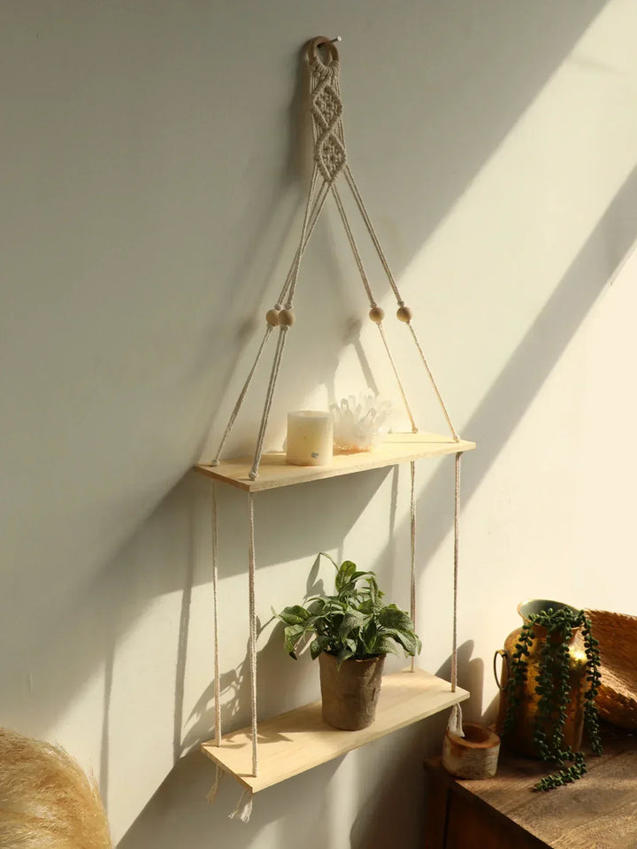 Væg hylde – Træ – Hængende hylder – Boho hjemmeindretning – Rumsdekoration