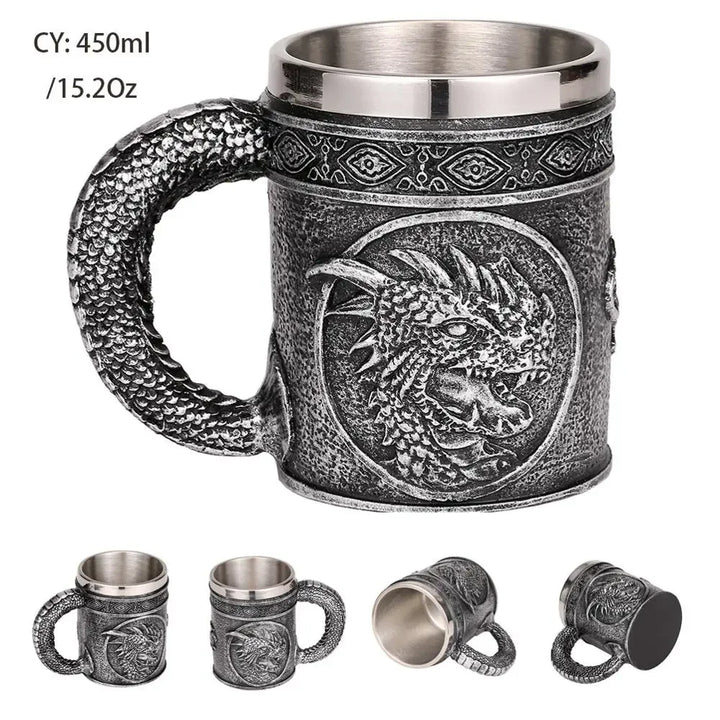 Middelalderlig Drage Harpiks Rustfrit Stål Krus som Kaffe Krus eller Te Krus